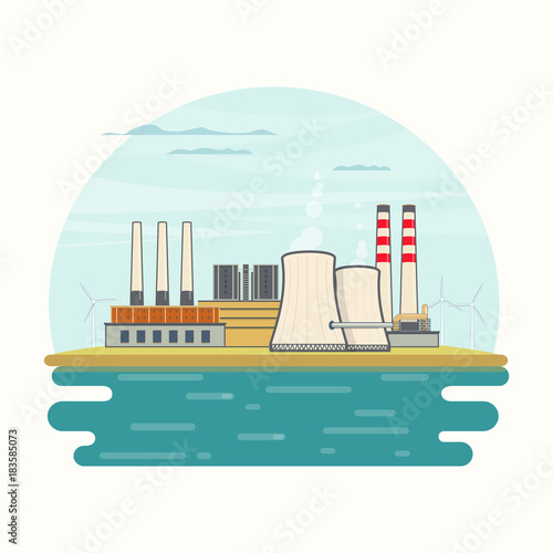 Vector Illustration of Nuclear Power Plant on Lake in flat style