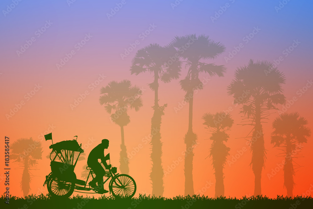 silhouette old man ride Tricycle on colorful sky background