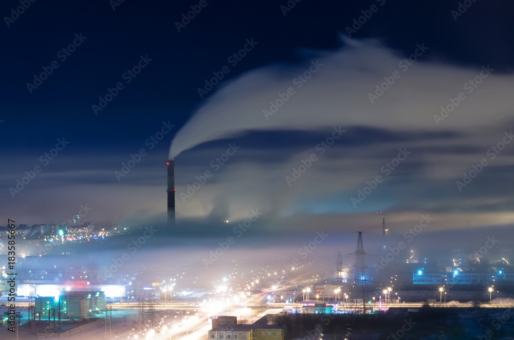 Plakat Industrial district of the city, pipes and smoke, with fog and smog at night.