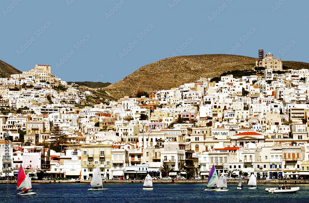Greece, Cyclades, Syros island, view of Hermoupolis town, Orthodox and Catholic coexistence, on the left the catholic site of Ano Syros, on the right the orthodox site of Hermoupolis