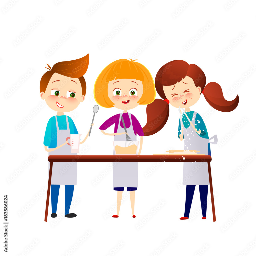 Kids cooking dinner. happy family funny child are preparing the meal, bake  cookies in the kitchen, Cartoon characters. vector illustration. Cute  friends. Stock Vector | Adobe Stock