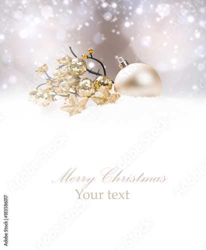 Christmas decoration in snow with free space. Celebration balls and other decoration. Christmas concept