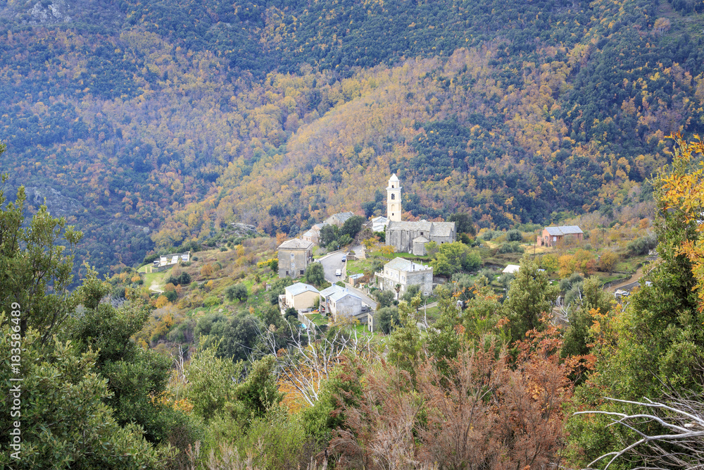 Fototapeta premium The Figarella Village on the Corsica Island in autumn