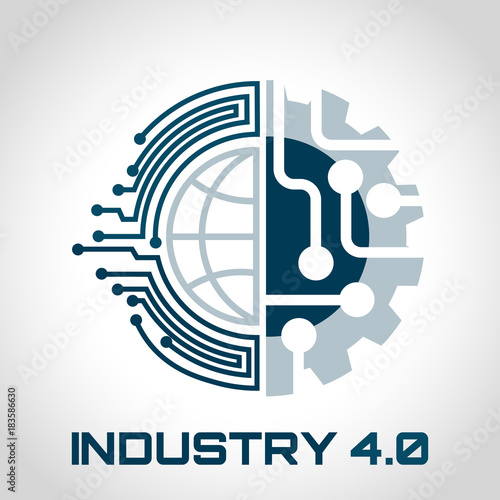 Industry 4.0 Concept Business Control or Logo, World Factory and Wheel Eclectic, Cyber Physical Systems concept,smart factory logo.- Vector illustration