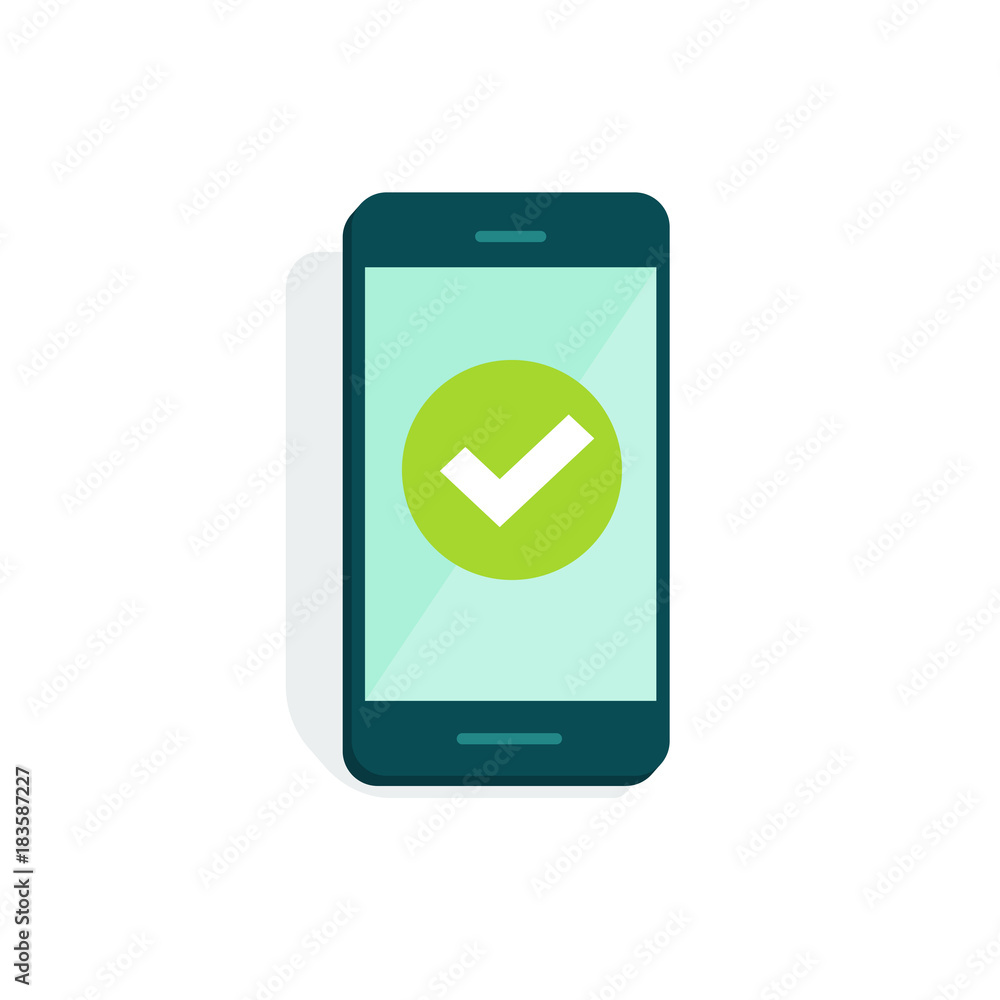 Smartphone with checkmark on display vector illustration, flat cartoon  style of mobile phone with green tick isolated on white, concept of  cellphone survey done, accept icon, vote checkbox, yes button  Stock-Vektorgrafik
