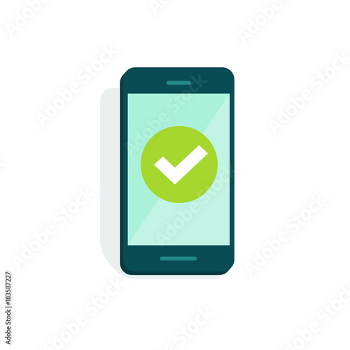Smartphone with checkmark on display vector illustration, flat cartoon style of mobile phone with green tick isolated on white, concept of cellphone survey done, accept icon, vote checkbox, yes button