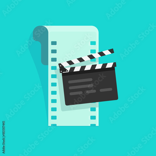 Movie or online cinema concept vector illustration, flat cartoon design of clapper board and film strip, idea of video editing icon, film production symbol, cinematography equipment