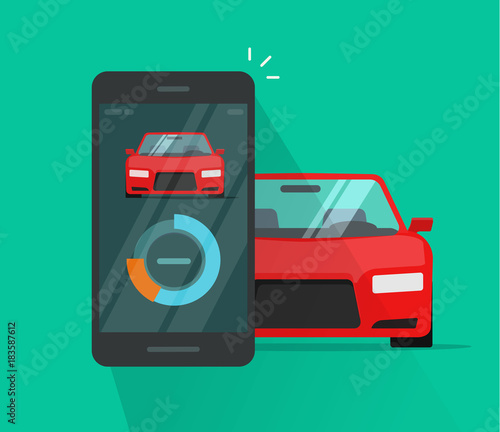 Smart car and smartphone dashboard system data vector illustration, flat cartoon style of mobile phone with automobile diagnostic app, cellphone connected to auto control wireless technology