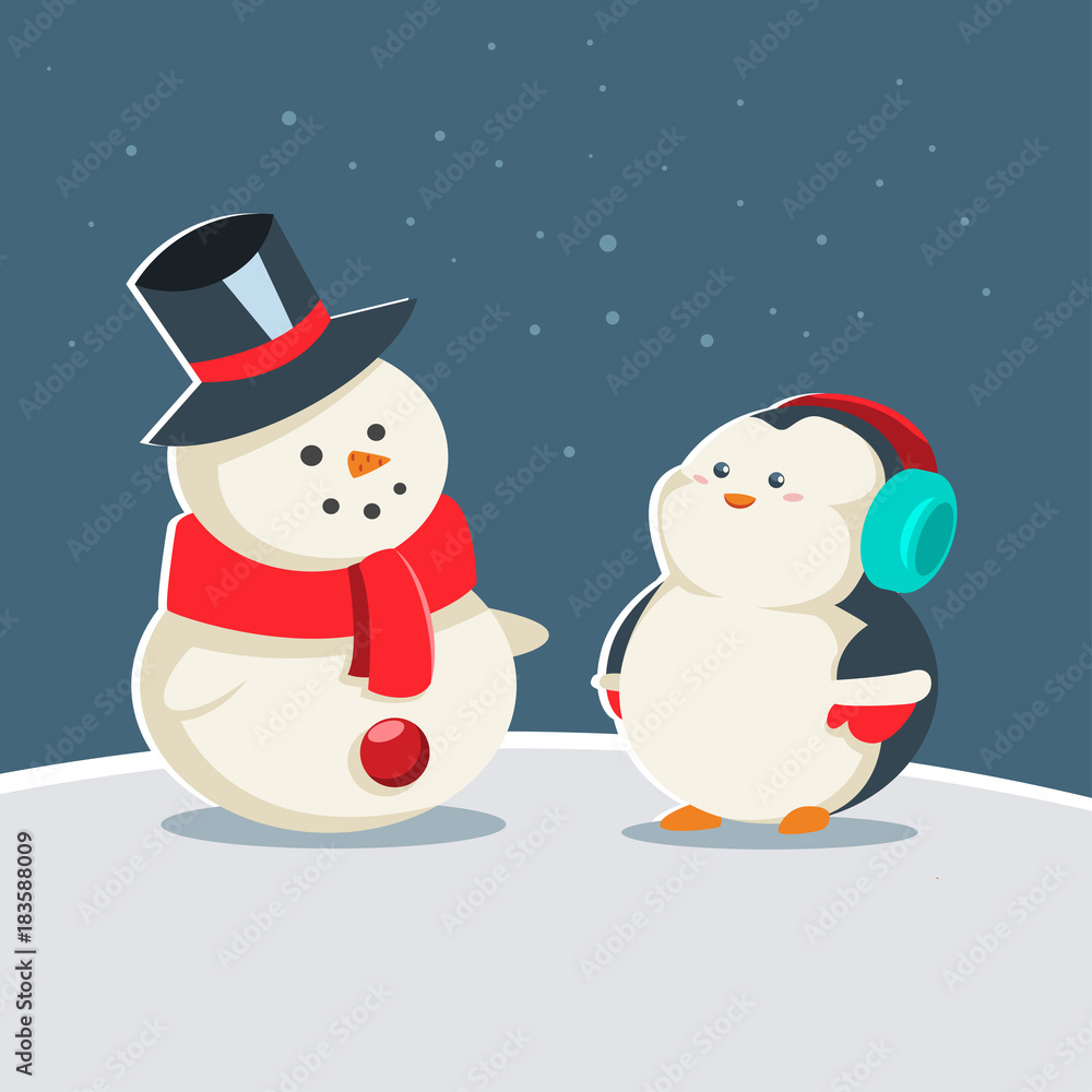 Сute baby penguin in winter warm clothes is standing near a snowman. Vector cartoon animal character. Winter illustration. Сute baby penguin in winter warm clothes is standing near a snowman. Vector cartoon animal character. Winter illustration.