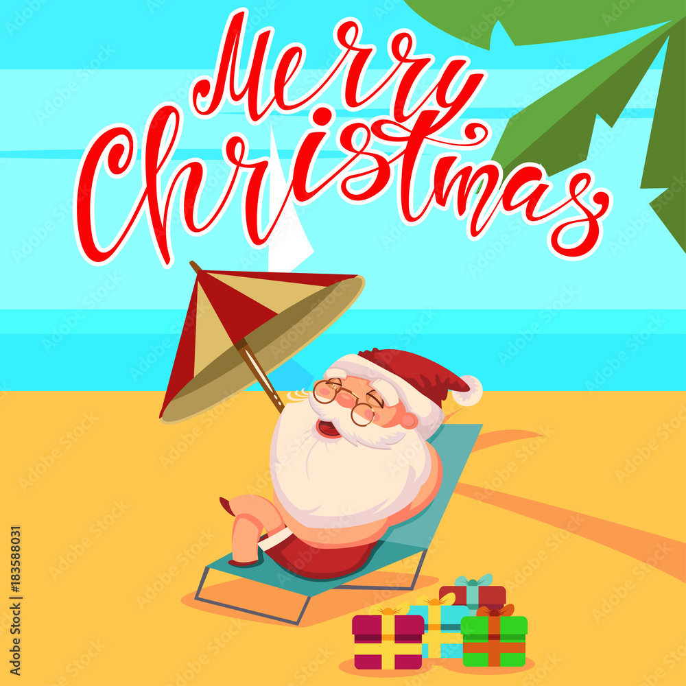 Summer Santa Claus in shorts is lying on a beach chair and an umbrella ...
