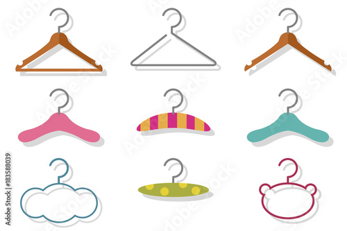 Fashion and baby clothes hanger vector cartoon flat icon set isolated on a white background.