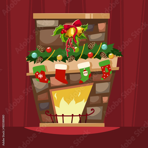Christmas fireplace with a mantle, stockings for gifts and holly berry leaves with a bell. Vector cartoon illustration of Xmas festive decorations of an interior room of a house.