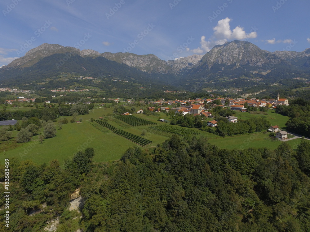 aerial view of village in the mountains, summer, sunny,