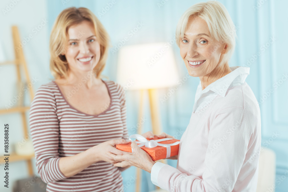 Best present. Pretty young woman standing and smiling while holding an amazing expensive present together with her cheerful aged grandmother Best present. Pretty young woman standing and smiling while holding an amazing expensive present together with her cheerful aged grandmother