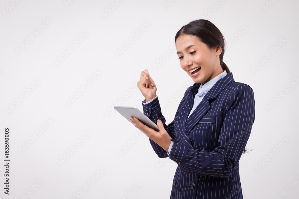 excited business woman with computer tablet, studio isolated excited business woman with computer tablet, studio isolated