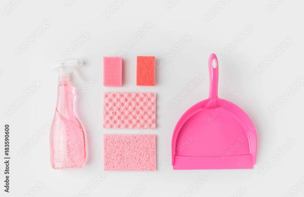flat lay with pink washing sponges, bottle and scoop, isolated on white flat lay with pink washing sponges, bottle and scoop, isolated on white