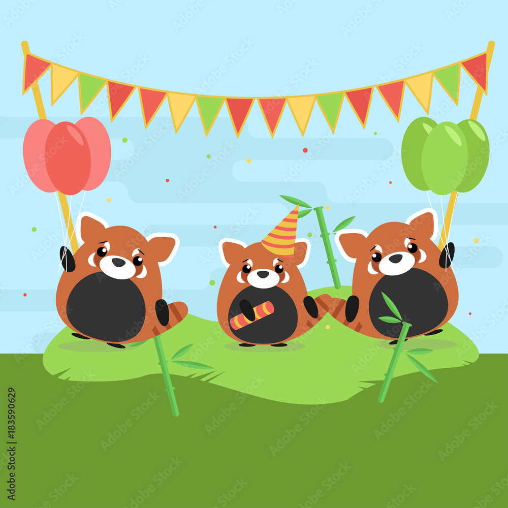 Cartoon illustration of three cute red pandas with balloons and falgs on green grass. Flat design for children Stock Vector | Adobe Stock Cartoon illustration of three cute red pandas with balloons and falgs on green grass. Flat design for children Stock Vector | Adobe Stock