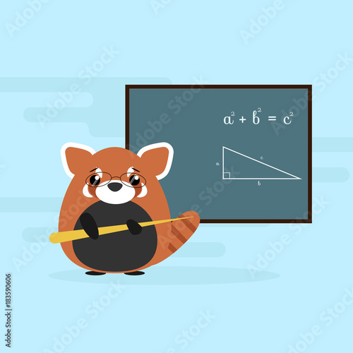 Fototapeta Naklejka Na Ścianę i Meble -  Anthropomorphic red panda - teacher standing with board and teaching of geometry theorem. Cute vector illustration
