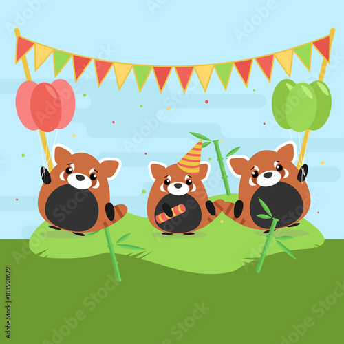 Fototapeta Naklejka Na Ścianę i Meble -  Cartoon illustration of three cute red pandas with balloons and falgs on green grass. Flat design for children
