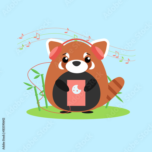 Fototapeta Naklejka Na Ścianę i Meble -  Vector illustration of anthropomorphic red panda who listens to music from device. Cute cartoon anime style