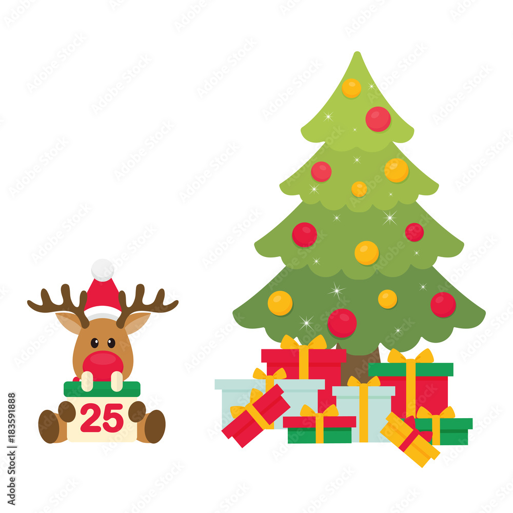 Naklejka premium cartoon christmas deer with calendar and fir tree