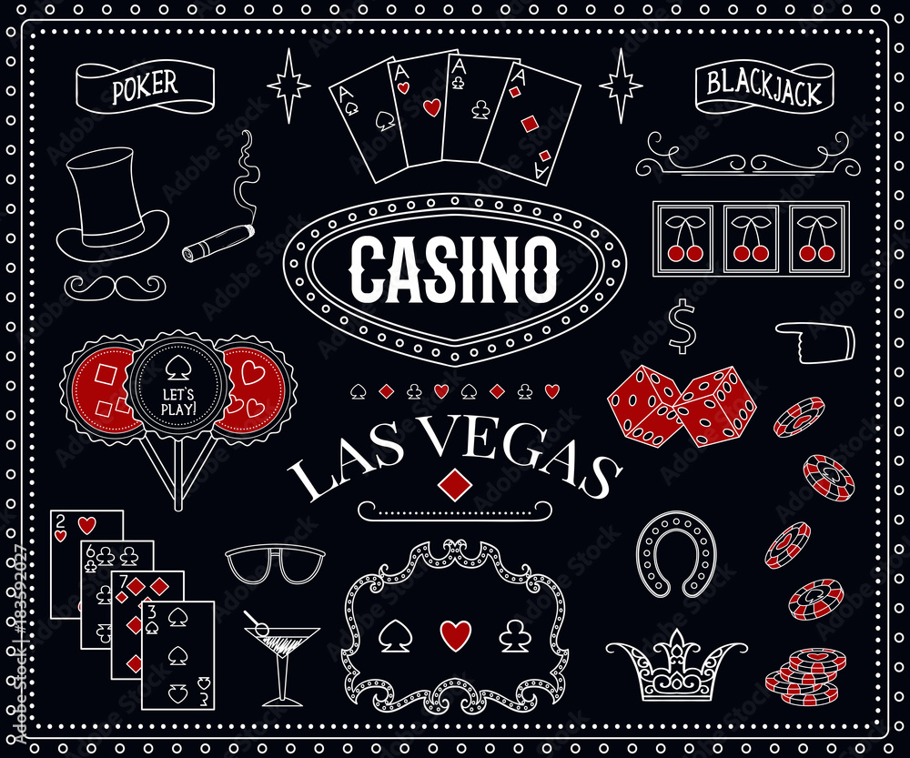 Fototapeta premium Casino theme. Decorative design elements on chalkboard. Gambling symbols. Vintage vector illustration