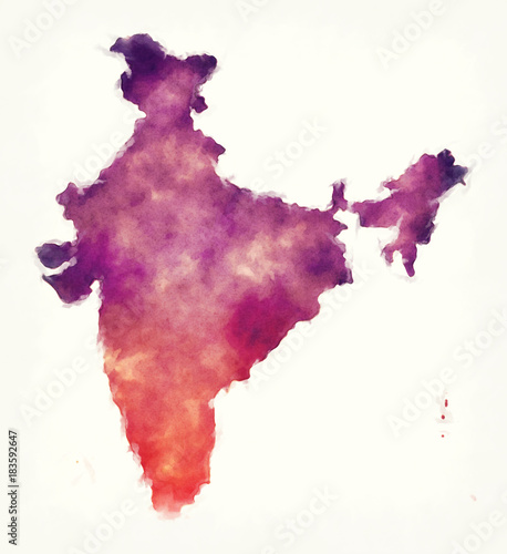 India watercolor map in front of a white background