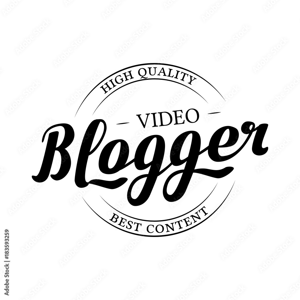 Round Badge Video Blogger with Hand Drawn Lettering Isolated in White Background. Black Logo Emblem Vector Illustration. Can be used for Logotype, Branding.