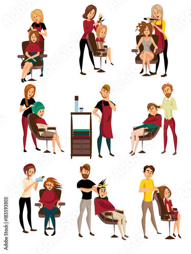 Different hairdressers serving clients set  man and woman in barbershop  hairdressing salon cartoon vector Illustrations