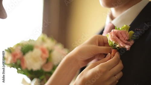 Wedding morning. First meeting of bride and groom in the bridal apartments before wedding ceremony photo