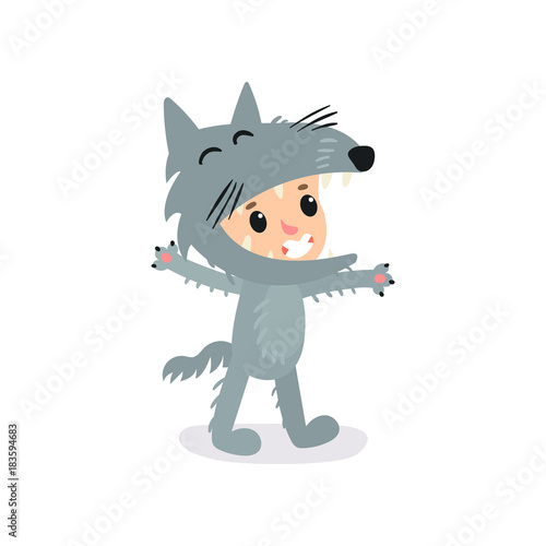 Cartoon little boy or girl in gray wolf costume. Halloween jumpsuit for children s party. Isolated flat vector design for banner, postcard or sticker