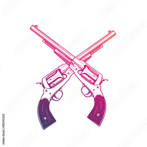 old revolvers, two crossed retro guns on white, vector illustration