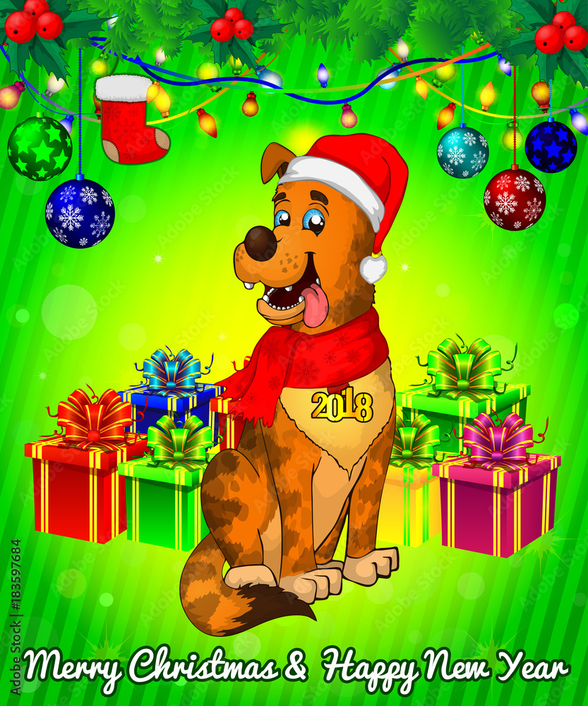 Cartoon cristmas dog with gift boxes on green background. Cartoon cristmas dog with gift boxes on green background.