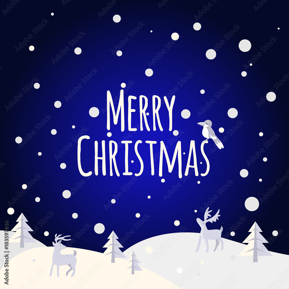 Night Christmas landscape with trees and forest animals. Snowy night. Snow night background. Greeting Card Merry Christmas Night Christmas landscape with trees and forest animals. Snowy night. Snow night background. Greeting Card Merry Christmas