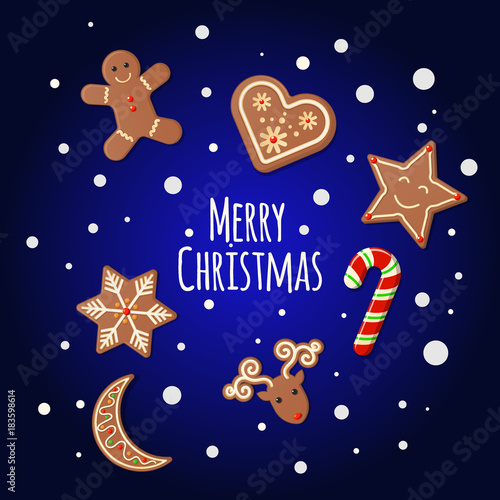 Christmas Cookies Gingerbread shortbread Cookies on dark background - Merry Christmas sign
