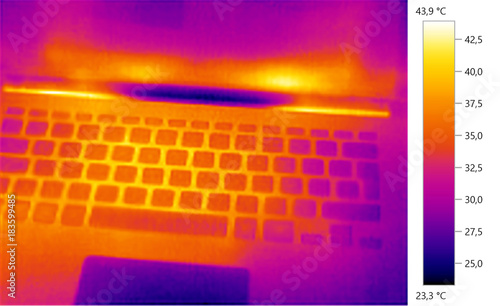 Thermal image photo, computer laptop, color scale