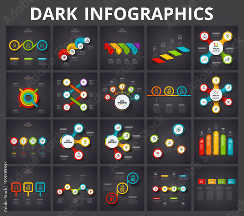 Vector infographic elements on dark background. Charts, circle diagram, timelines and arrows with 3, 4, 5 and 6 steps and options.