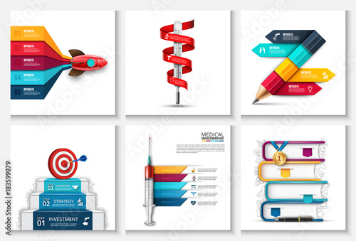 Vector rocket, stairs with target and dart, thermometer, pencil and other elements. Startup, medicine and education infographic with 3, 4 and 5 steps, options, parts or processes.