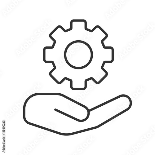 Open hand with cogwheel linear icon