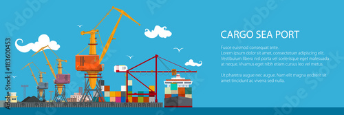 Horizontal Banner of Cargo Seaport , Cranes in Port Load Containers on the Ship or Unload, Poster Brochure Flyer Design, Vector Illustration