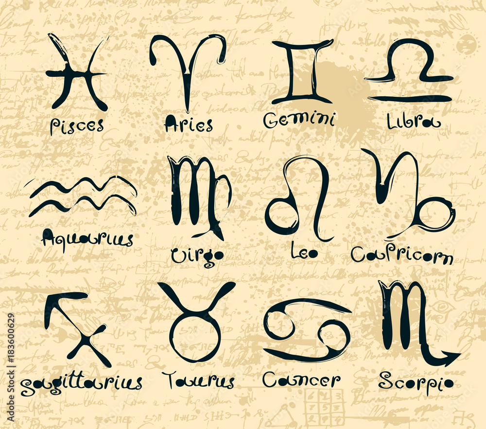 Vector set of the twelve zodiac signs with inscriptions on a