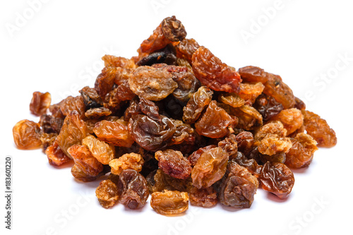 Heap of raisins isolated on white background