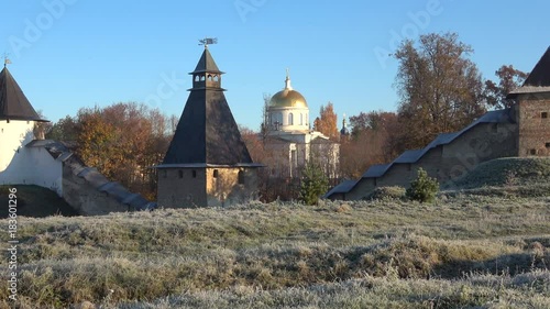 Michael's Cathedral and the tower of the Pskov-Pechersk monastery, sunny october morning. Pechory, Russia photo