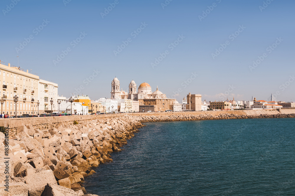 view of Cadiz with cathedral under blue sky, Cadiz, Spain