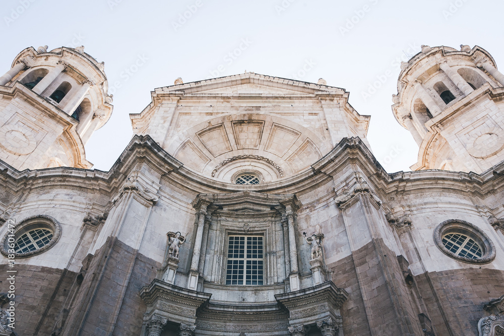 low angle view of facade of Cadiz Cathedral, Cadiz, spain