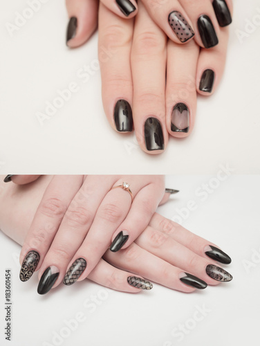 Closeup of woman hands with black nails. Manicure