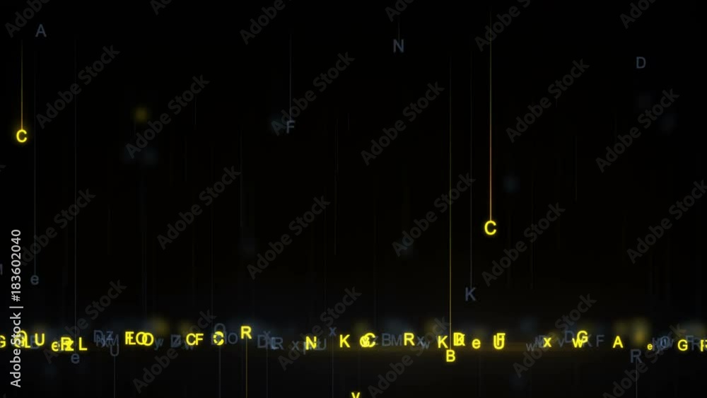 Random yellow alphabet letters. Abstract futuristic technology concept. Computer generated seamless loop animation 4k (4096x2304)
