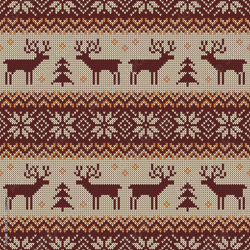 Knitted scandinavian pattern with deers. Vector.