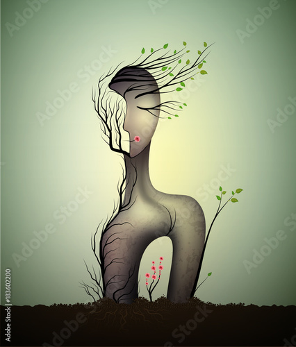 woman soul, surrealistic woman statue, woman shape abstract idea with red rose growing inside, spring dream icon concept, surrealism,