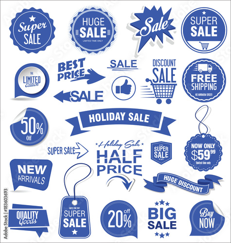 Super sale badges and labels vector collection blue edition